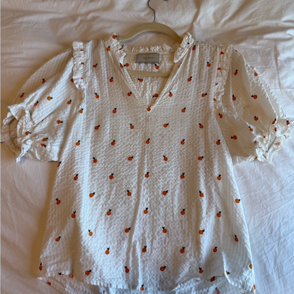 Neo Noir White Blouse with Orange Floral Pattern